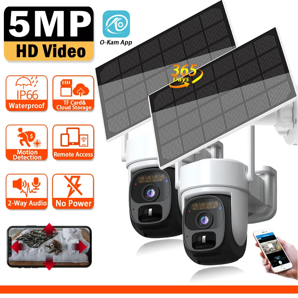 

O-Kam App Smart Solar WIFI Security Cameras With Solar Panels 5MP HD Color Night Vision Motion Detect PTZ Surveillance IP Camera