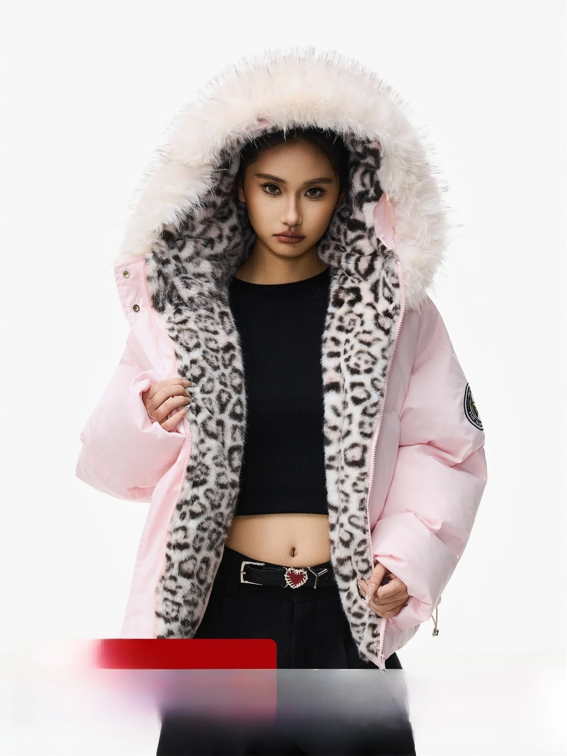 

MTTEAT American Sle Hooded Removable Fur Collar Leopard Print Cotton Jaet Winter Loose Versatile Design Warm Outerwear