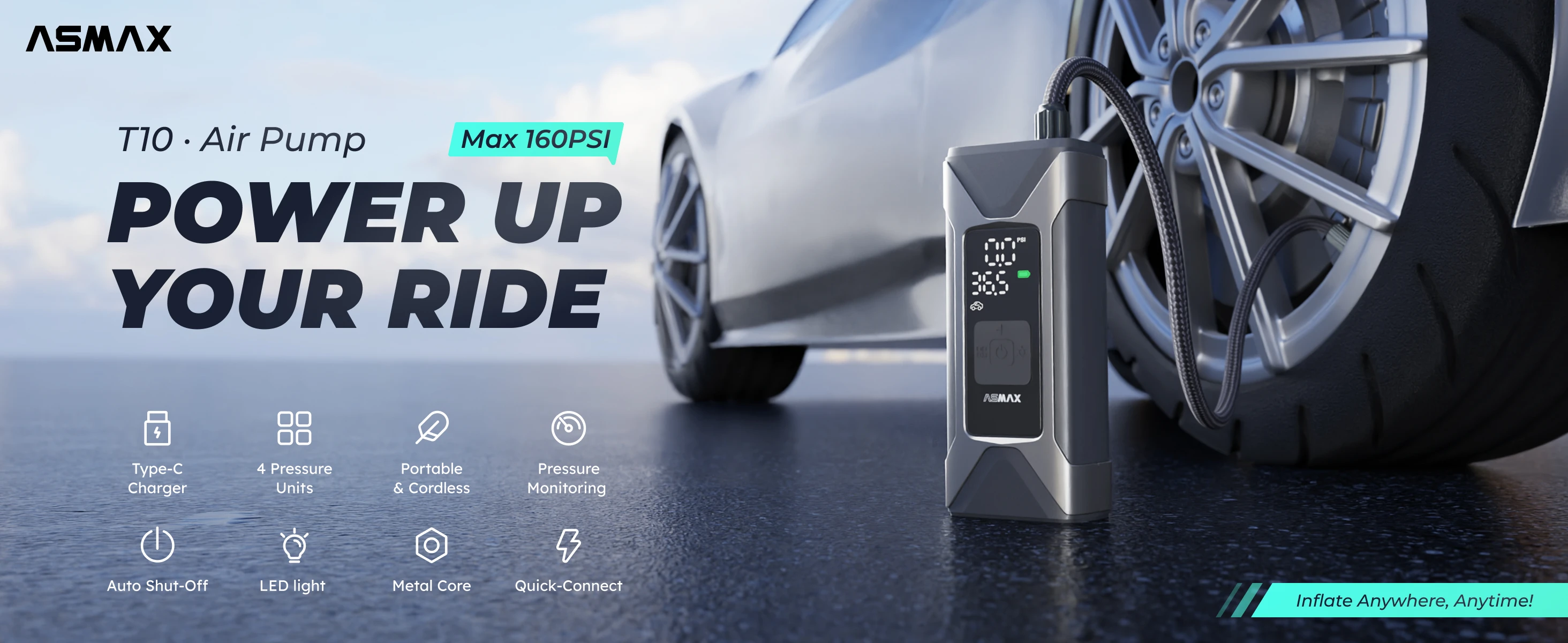 ASMAX 160PSI Tragbare Luftpumpe, Motorrad-Luftpumpe, 7500 mAh, elektrische Reifenpumpe für Auto, Fahrrad, Bälle, Luftkompressor – Detail 1