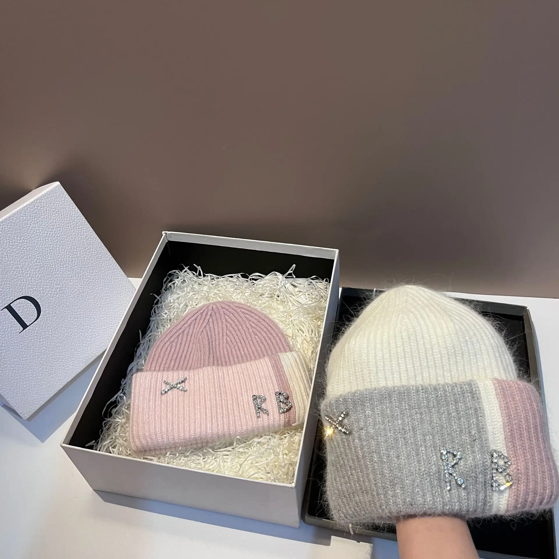 Real Rabbit Fur Diamonds Letter RB Beanies for Women Winter Warm Knitted Hat Famous Brand Lady Hats Casual Bonnet Skiing Cap