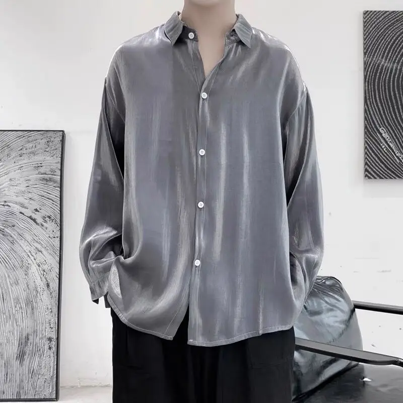 Men Handsome Holographic Fashionable Temperament Punk Purple Long Sleeve Shirts Lapel Personal Design Oversized Reflective Tops