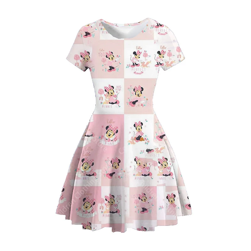 MINISO Disney Girl Dresses Summer 3D Cartoon Mickey Mouse Minnie Short Sleeve Cute Birthday Party Princess Dress Toddler Clothes