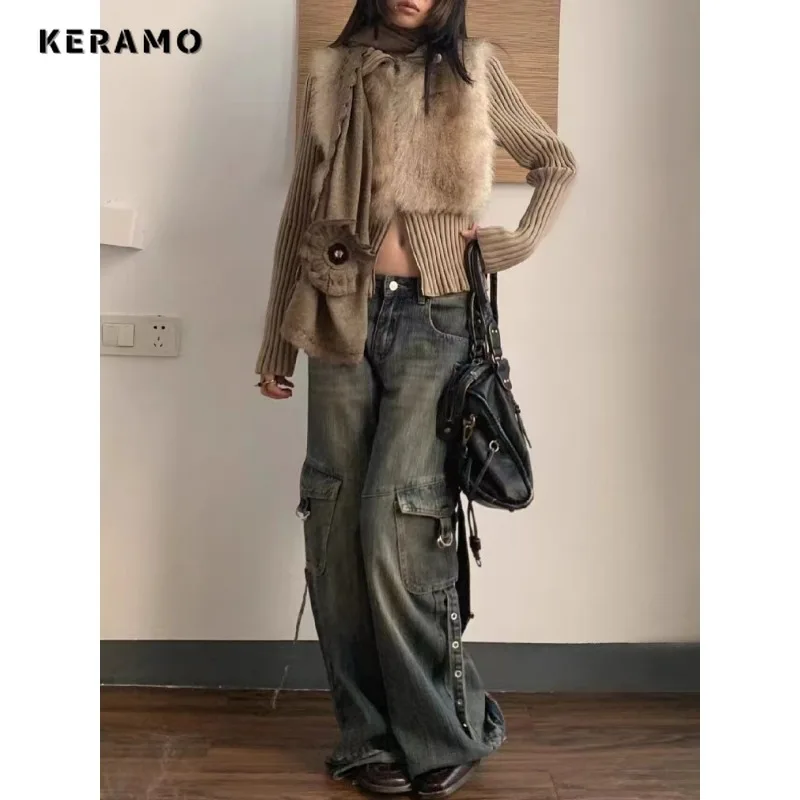 Women\'s Retro Wide Leg Baggy Casual Denim Trouser Harajuku Vintage Solid Color High Waist Loose Jeans 2024 Spring Belted Pants