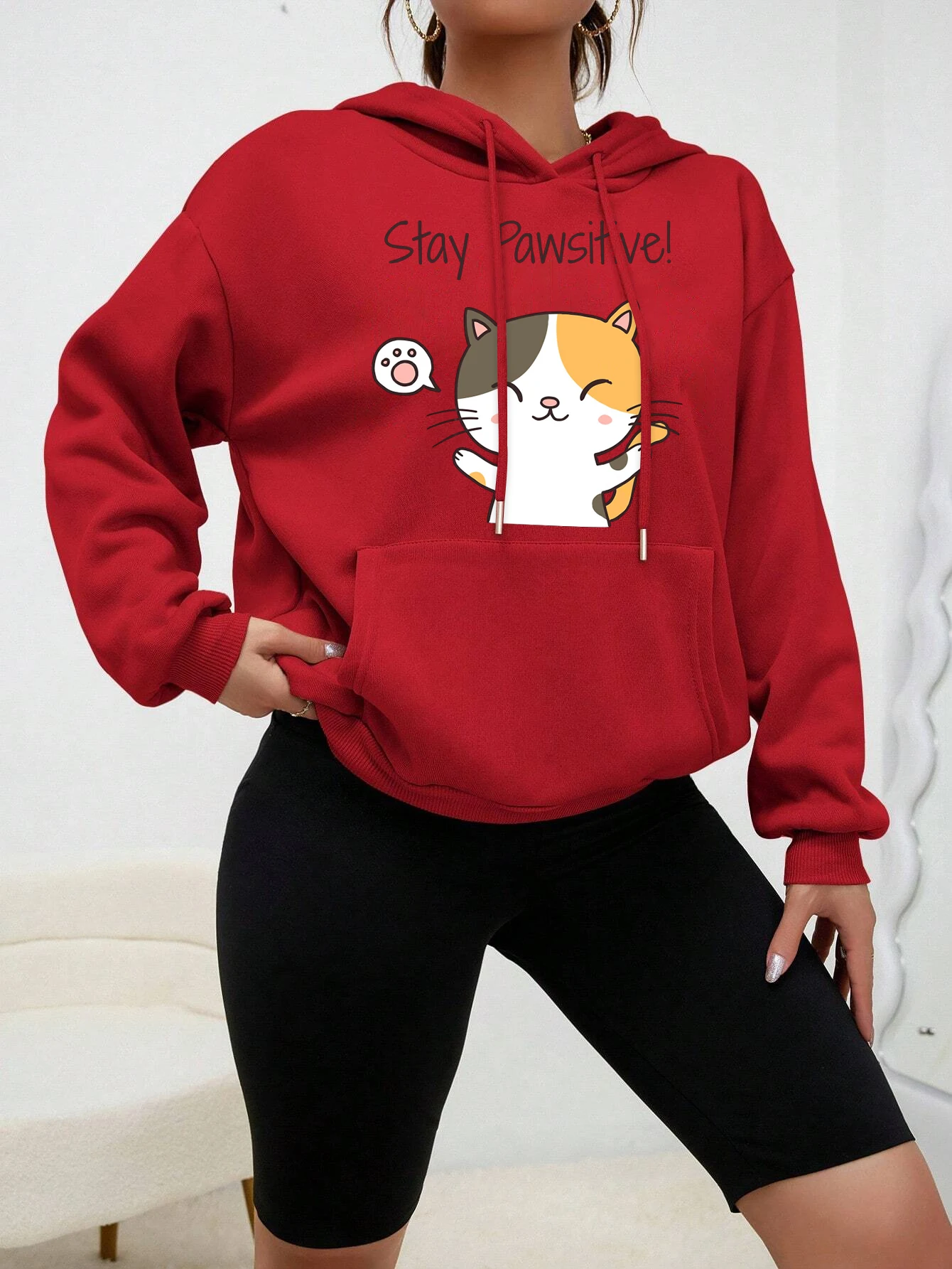 Cat Let You Stay Pawsifive Print Women Hoodies Fashion Casual Streetwear Personality Hip Hop Hoodie Cartoon Fleece Pulloverar