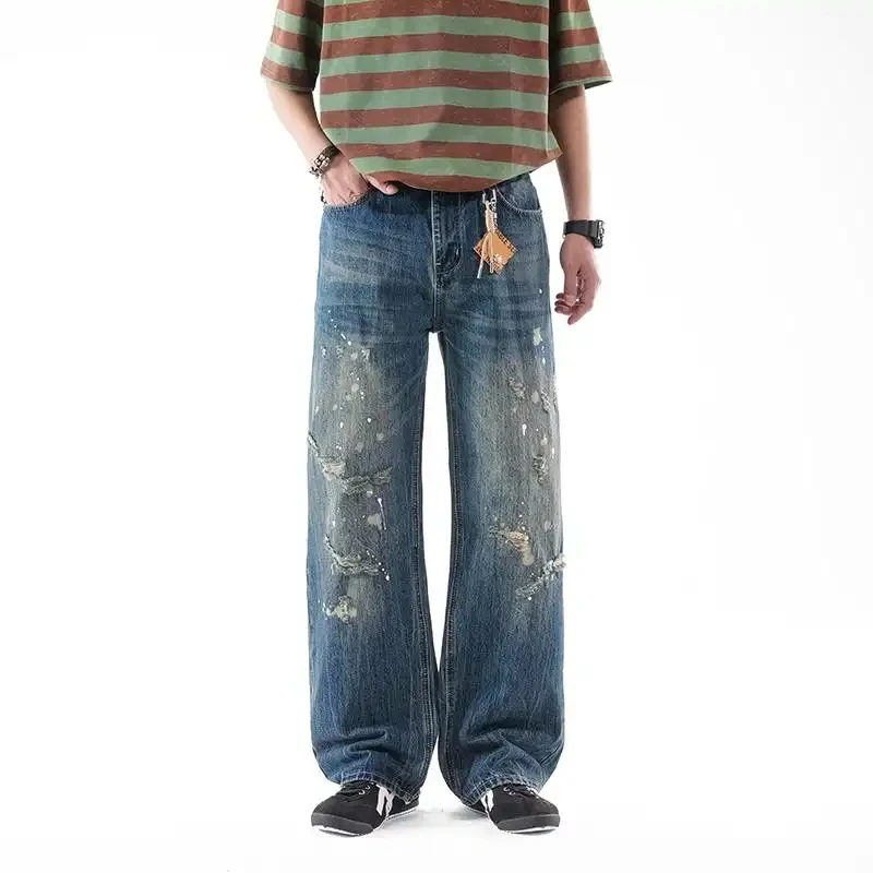

Men's Loose Denim Jeans in Casual Style with Dyed Paint Pattern, Retro Streetwear Pants with Ripped and Washed Design, Breathabl