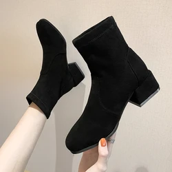 2024 New Autumn and Winter New Thick Heel Square Toe Boots Short Boots Fashion Stitching Suede Gentle Slim Boots Women D101