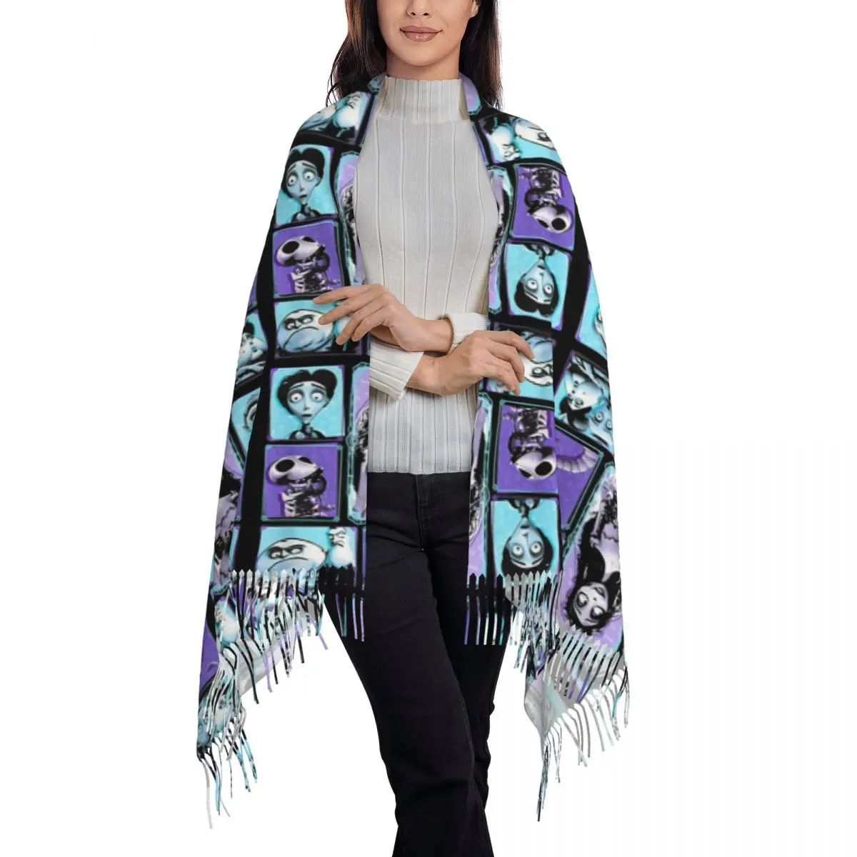 Halloween Film Corpse Bride Ghost Tim Burton Scarf Tassel Scarves for Women Soft Warm Shawls and Long Fall Winter Shawl Wraps