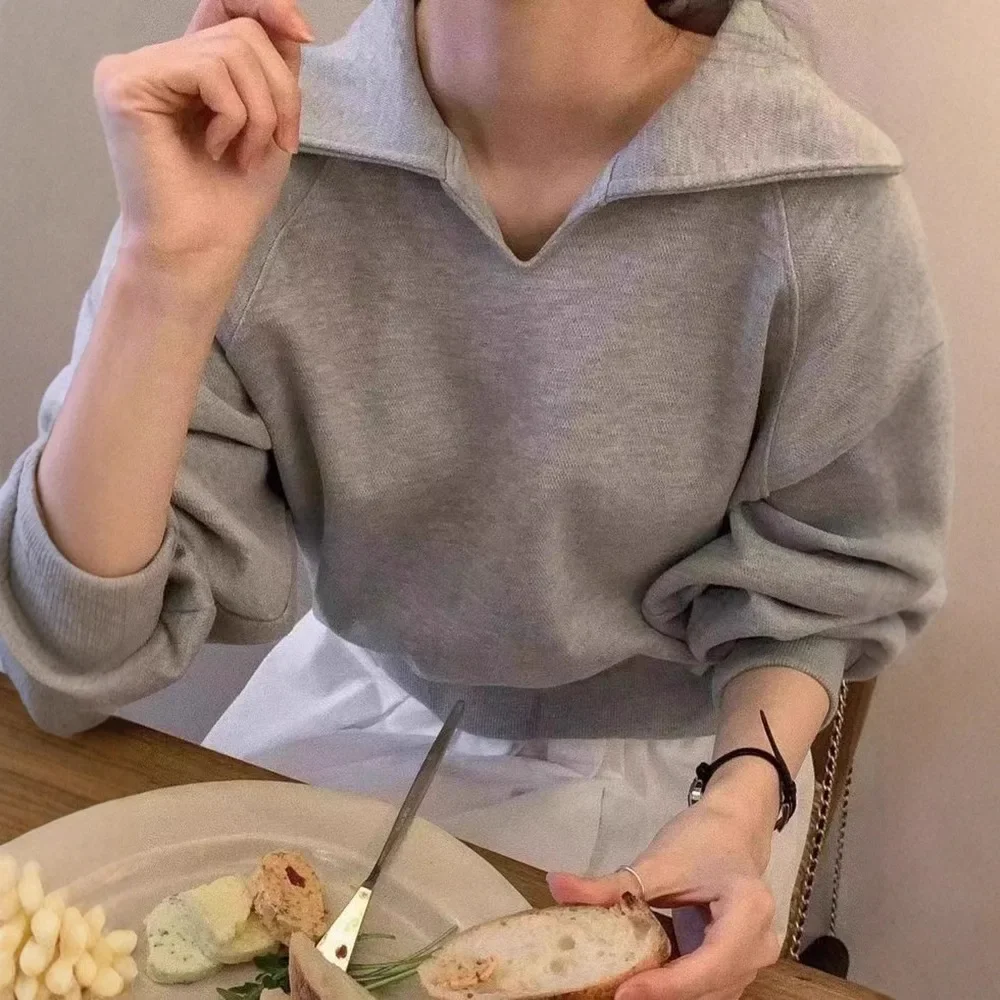 

Korean Fashion Hoodies Women Casual Loose Solid Lapel Long Sleeve Sweatshirt Autumn New Chic Simple Female Tops