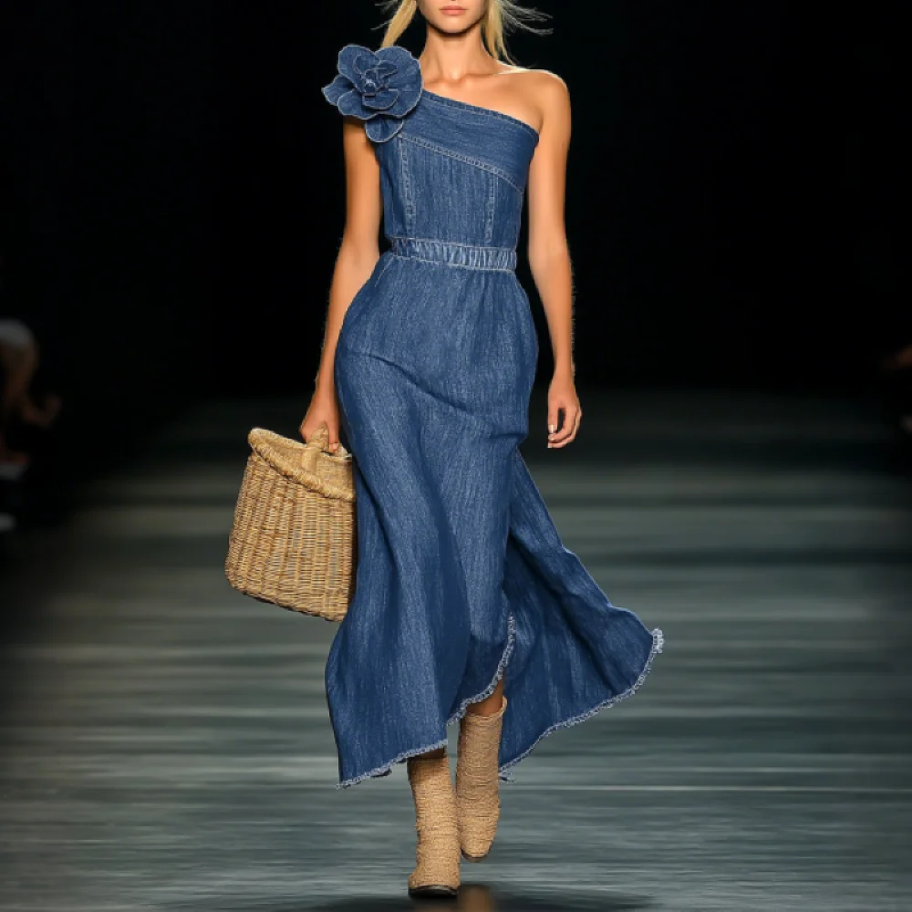 Elegante abito lungo floreale in denim 3D senza spalline Tessuto denim elasticizzato morbido da donna Squisito decorazione floreale 3D Silhouette slim fit