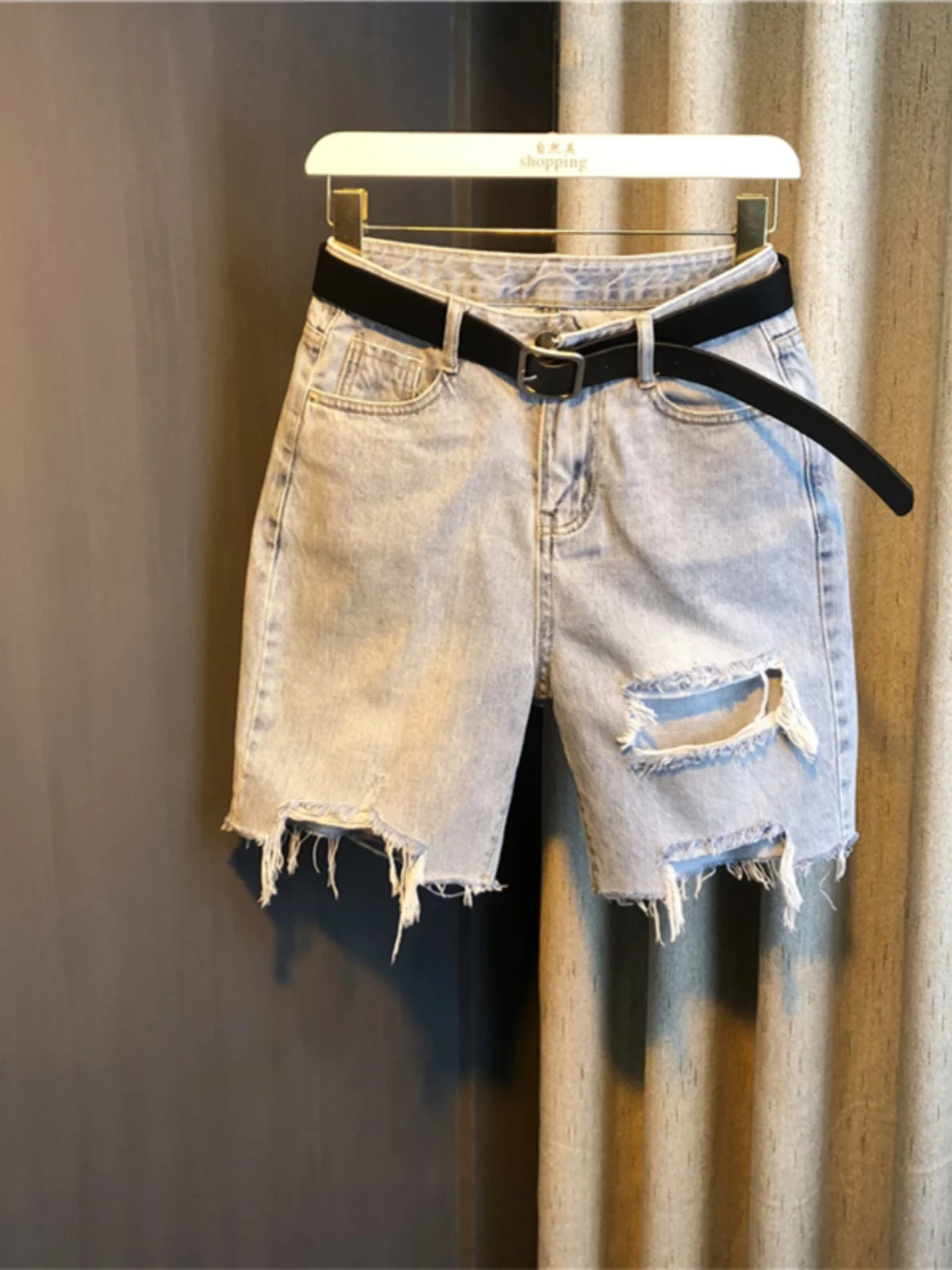 Broken Hole Denim Shorts BF Style Korean Style Straight Leg Pants Women's Spring Autumn New High Waisted Versatile Loose Mid Jea