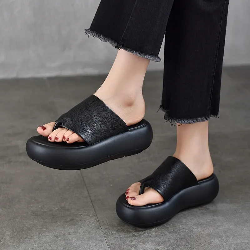 

Birkuir/женские шлепанцы в стиле ретро, шлепанцы на толстом каблуке 5,5 см, шлепанцы из натуральной кожи, лето 2024, уличная обувь на плоской подошве, обувь на платформе