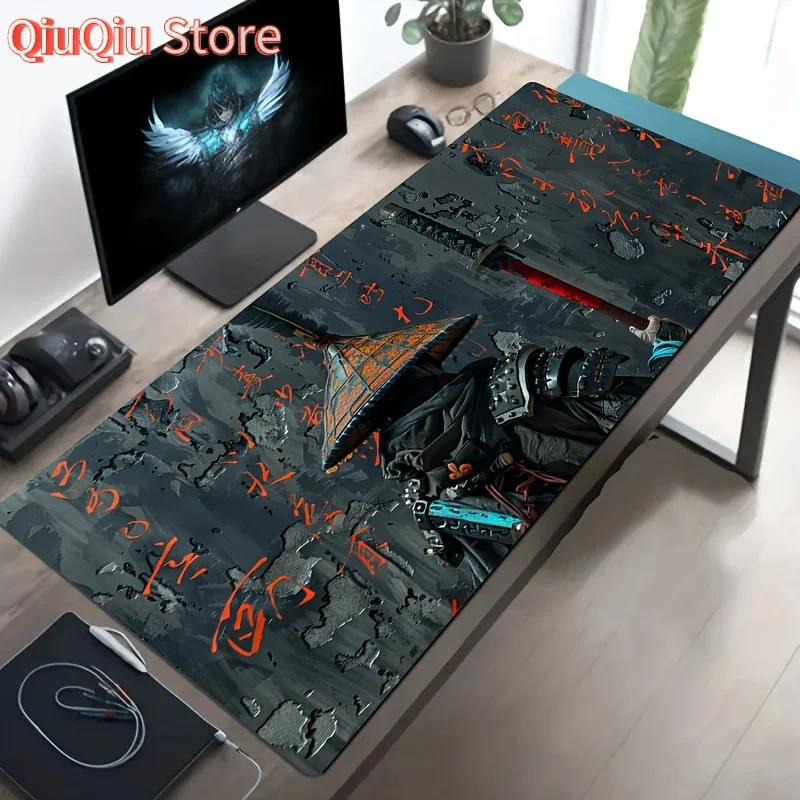 1 Stück Mauspad im Samurai-Krieger-Design, rutschfest, großes Mauspad 400 x 900, PC-Computer-Tastatur, XXL-Schreibtischunterlage, Büroteppich, Gaming-Matten