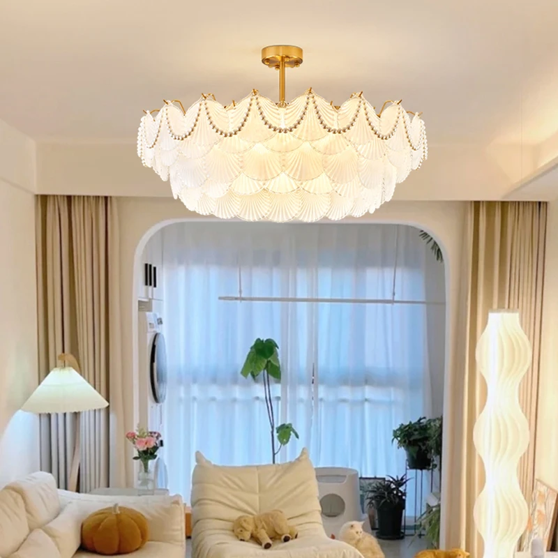 Modern Cream Crystal Glass Warm Romantic Bedroom Lamp French Light Luxury Living Room Shell Chandelier Hall Main Lamp