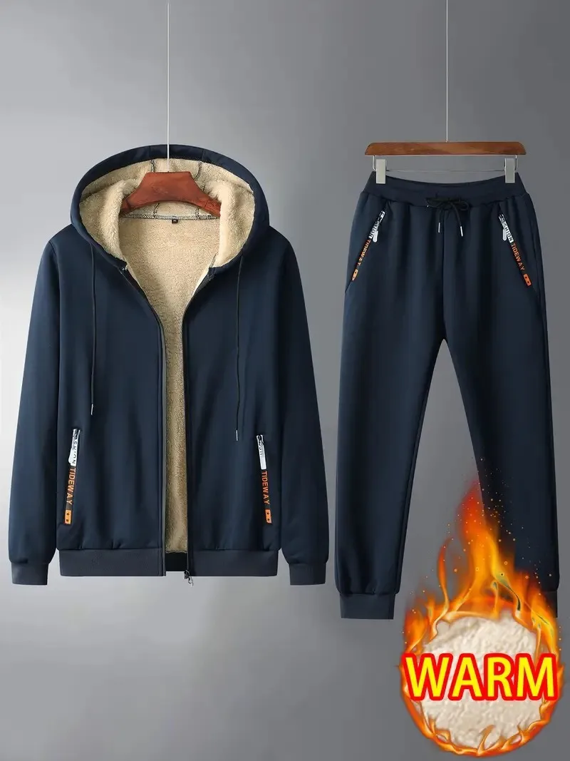 Мужской классический спортивный костюм в стиле ретро, толстовка с капюшоном на молнии на флисовой подкладке и спортивные штаны, тепло для фитнеса на открытом воздухе, толстая зима