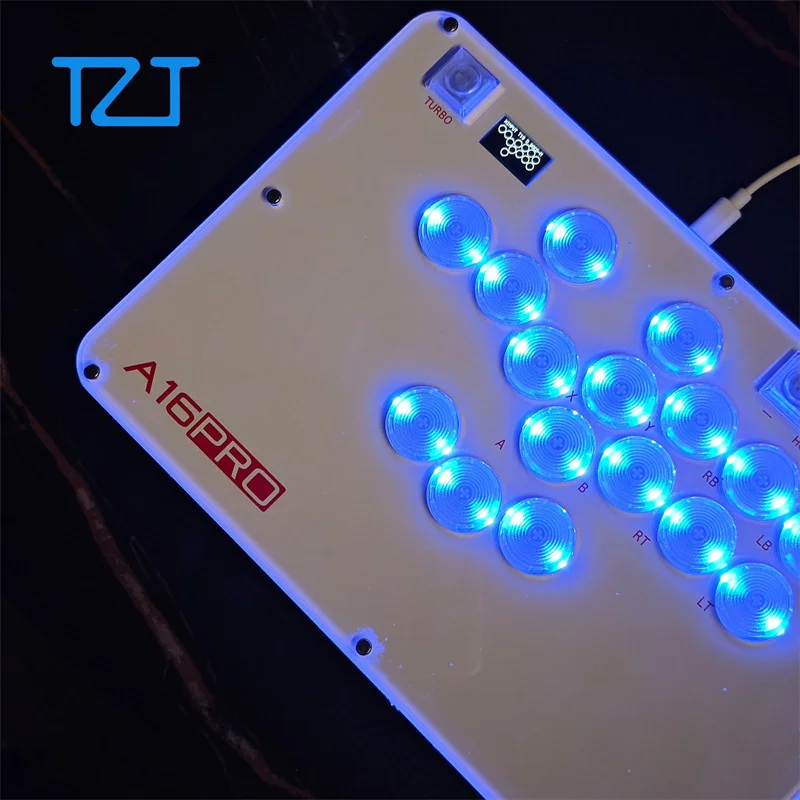 TZT HAMGEEK A16 Pro Hitbox أسود/أبيض 16 زر عصا أركيد وحدة تحكم مع مفاتيح فضية منخفضة المستوى