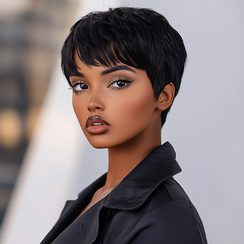 Short Pixie Cut Wig with Bangs for Women Cheveux Naturels Humains Glueless Brazilian Remy Hair Pixie Wig for Women