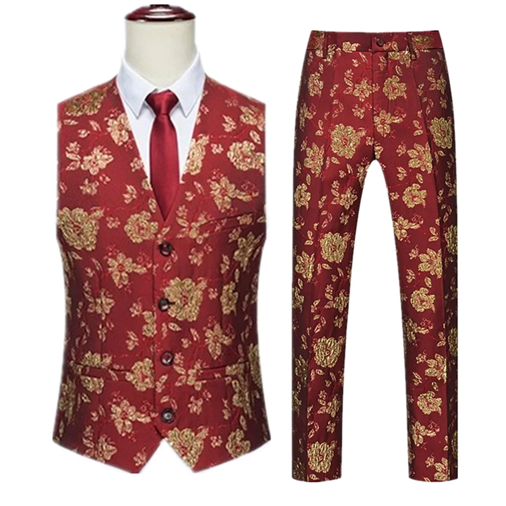 

Men Golden Red V-Neck Sleeveless Vest Jacket & Trousers, Wedding Party 2-Piece Set, White Black Red Purple, Asian Size M-6XL