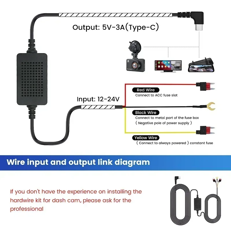 3A 3.5m Car Dash Cam Hardwire Kit - 12-24V Step-Down Cable for Mini/Micro/Type-C USB Dashcam Charger