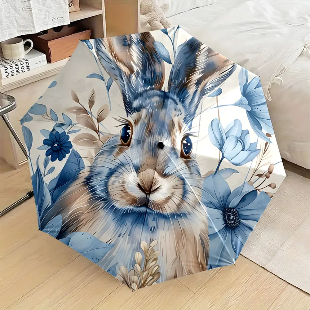 1PC Floral Rabbit Design Umbrella with Blue Accents Print 8 Iron Ribs Folding Umbrella Auto-Open Fashion Sunshade