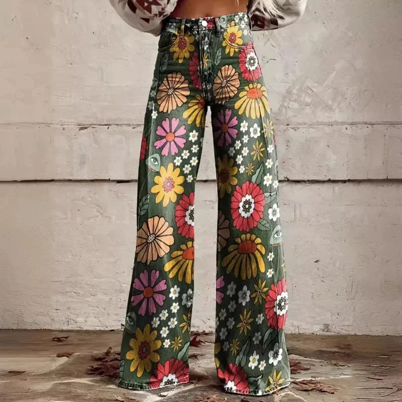 

Fashion Printed Button-zip Women's Pants Elegant High Waisted Bell Bottom Pant Vintage Floral Printed Versatile Casual Fly Pants