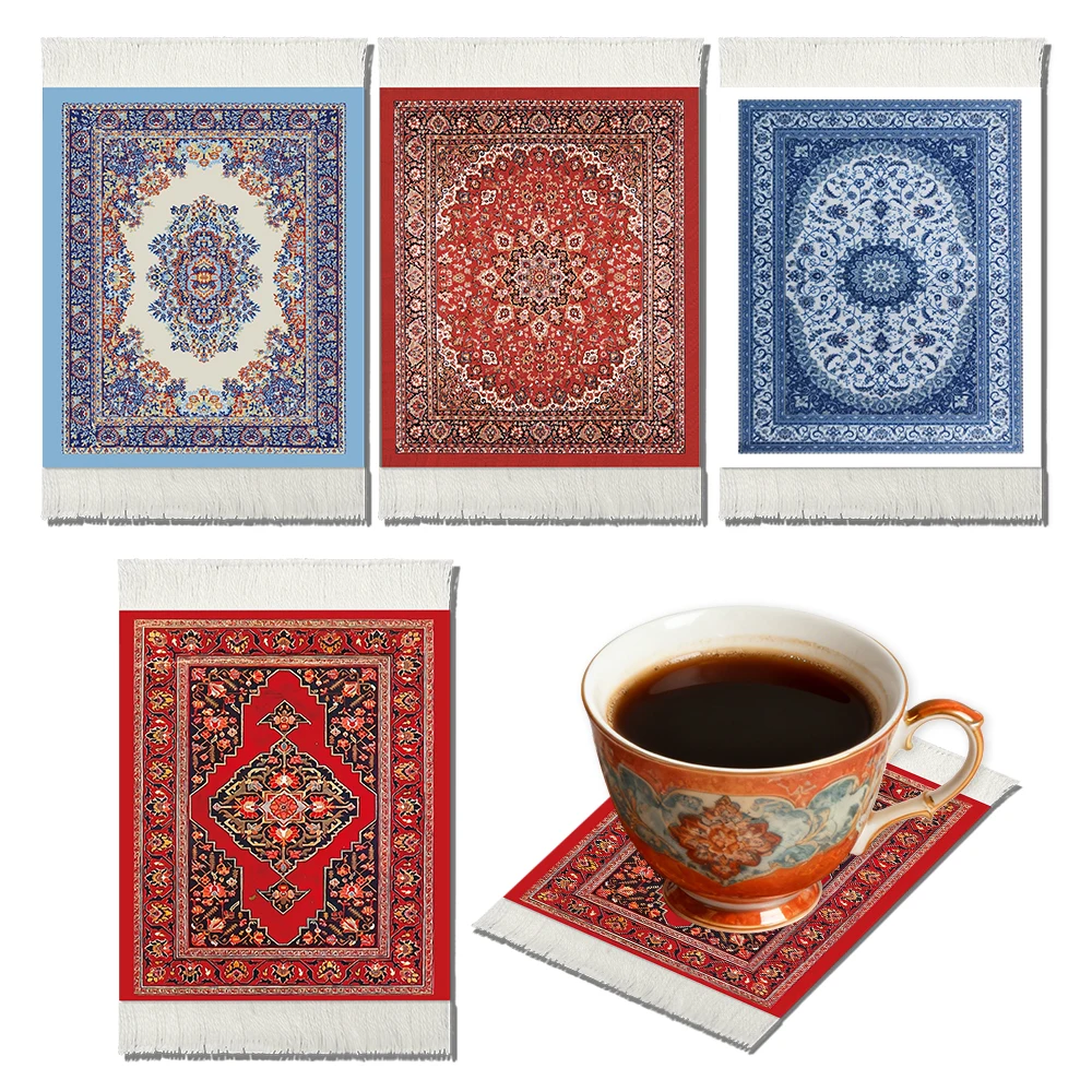 

4-Piece Set of Carpet Table Coasters, Oriental Design Fabric Carpet, Bohemian Style Drink Mats, Elegant Carpet, Kitchen and Bar Mats, Non-Round, Home Office (Rectangular, Classic Pattern)