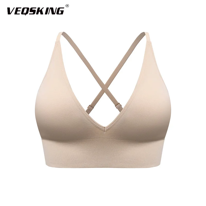

VEQSKING Seamless Women Yoga Bra, Cross Back Sports Crop Tops, Sexy Deep V Gym Fitness Tops, Quick Drying Workout Running Tops