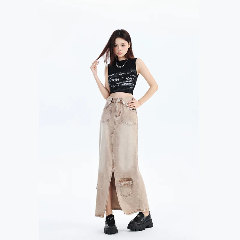 Denim Skirt Mid Length Women's Summer New High Waisted Button Up Large Hem Skirt Slim And Small A-line Skirt