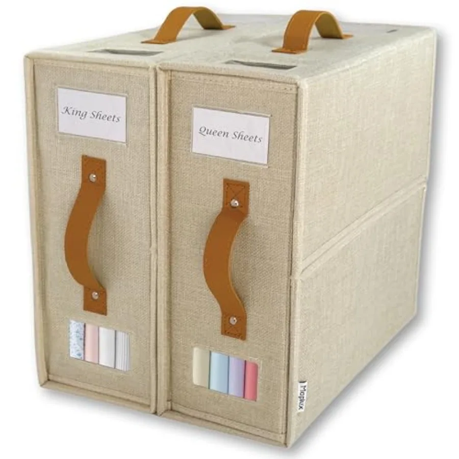 

2-Pack Set Bed Sheet Organizer Premium Linen Storage with PU Leather Handles and Dual Labels Fits King/Queen Sheets Closet, Und