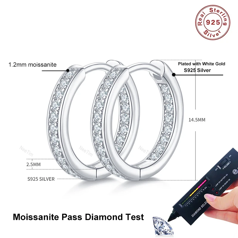 NeeTim D Color 1.2mm Moissanite Hoop Earrings For Women S925 Silver with White Gold Plated Wedding Stud Earring Trendy Jewelry
