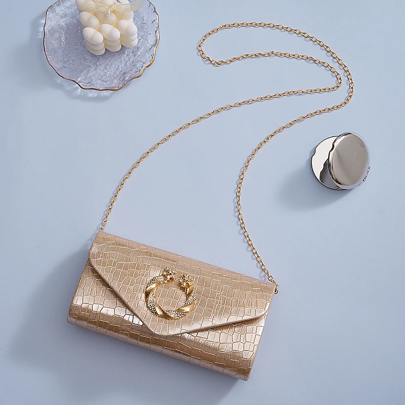 New stone print simple clutch bag Wedding party dinner bag Retro large capacity fashion clutch bag Metal chain shoulder bag