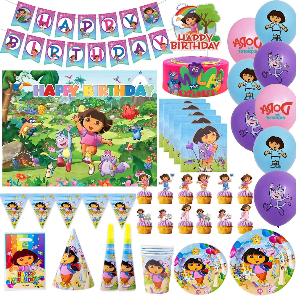 لطيف D-Dora &ed المستكشفين طفل حفلة عيد ميلاد الديكور بالون رقمي أدوات المائدة القابل للتصرف راية خلفية استحمام الطفل هدية #1