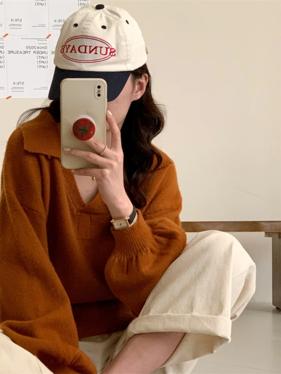 Heavyweight  Collar Knitwear Loose Women's Turn-down Collar Sweater Pure Color Outerwear Comfortable Straight-cut Sle