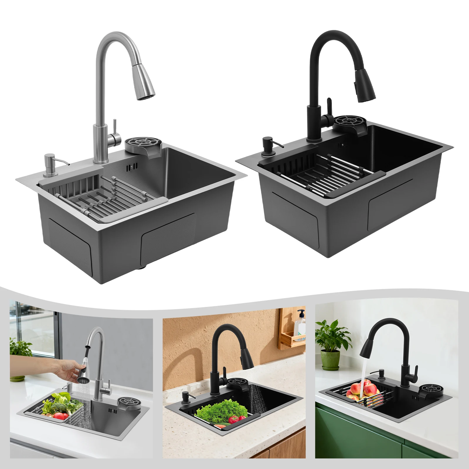 Évier de cuisine multifonctionnel à cuvette unique avec robinet de traction + lave-tasse pour cuisines, restaurants noir/argent