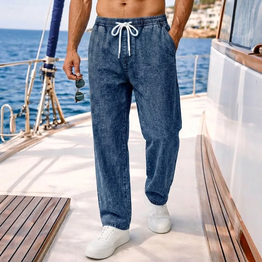 Europe America Casual Loose Casual Denim Pants Men's 100% Cotton Drawstring Straight Jeans Streetwear Male Baggy Harem Trousers