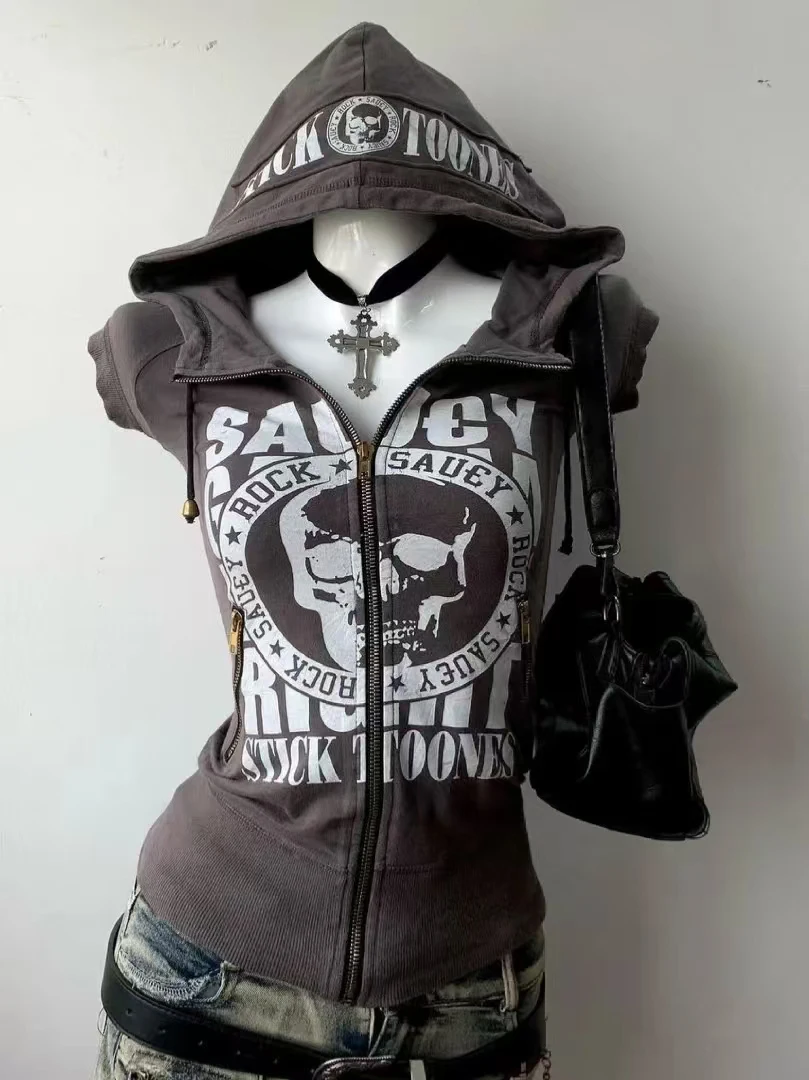 Hoodie Damen Brief Punk Grunge Print Kurzarm Vintage Ästhetische Hoodies Y2k Sweatshirts Femme Winter Kapuzenreißverschluss Mantel