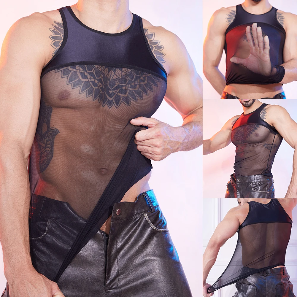 Nightclub Party Black Bodybuilding Vest Black Sleeveless Vest For Parties Mens Vest See-through T-shirt Four Seasons Wear