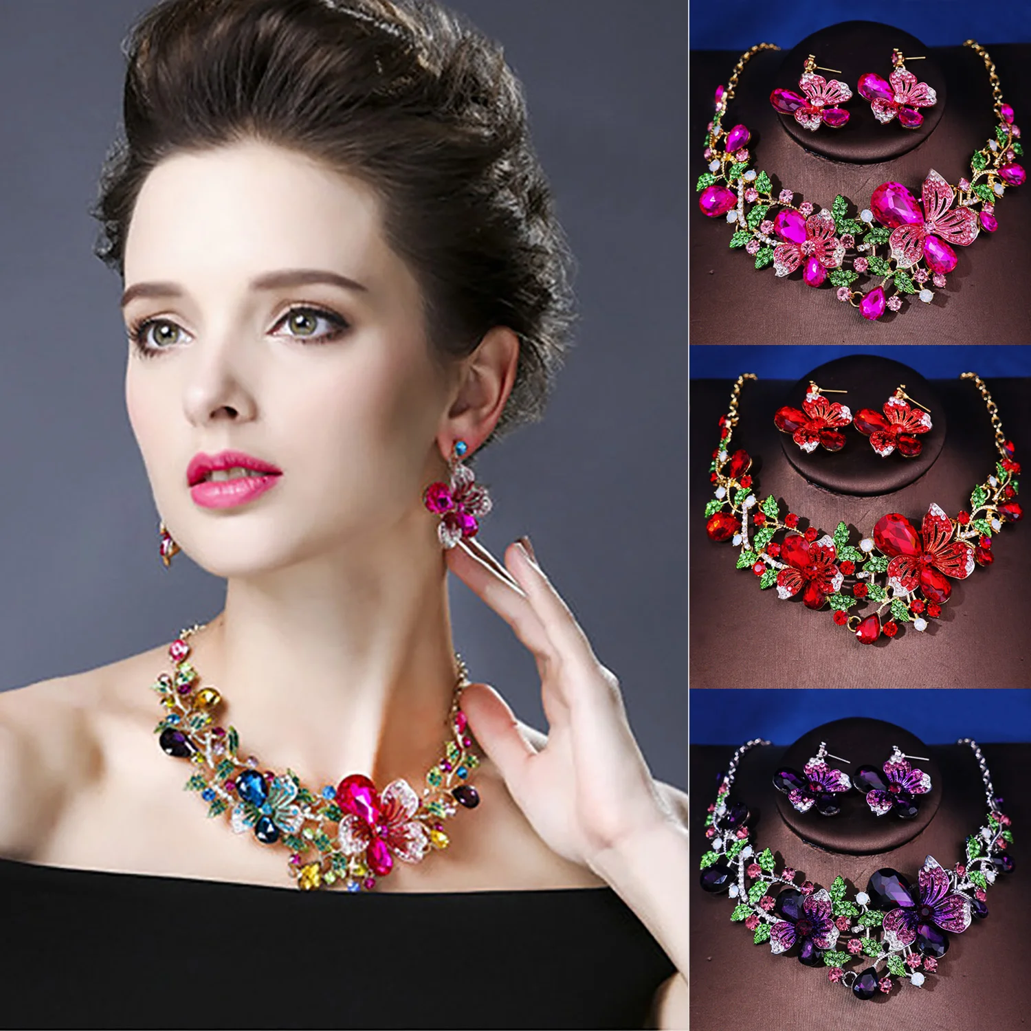 Sparkly Crystal Jewelry Set Fashion Women Choker Flower Crystal Pendant Necklace Wedding Jewelry Set Wedding Party