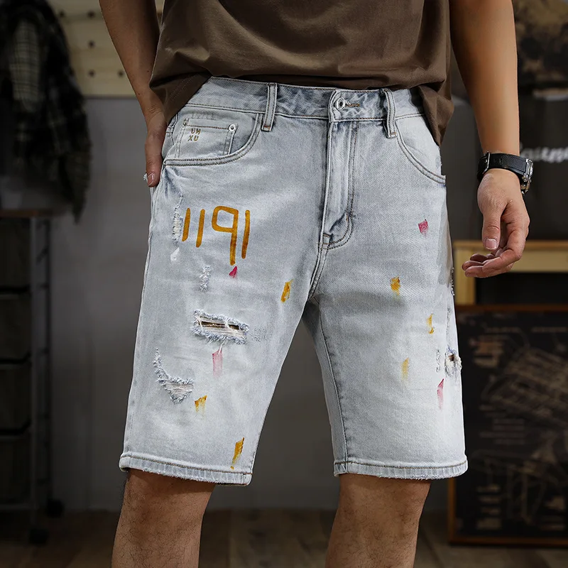 

Retro White High-End Denim Shorts Men's Splashed Ink Printing Design Straight Shorts Trendy All-Matching Ripped Middle Pants