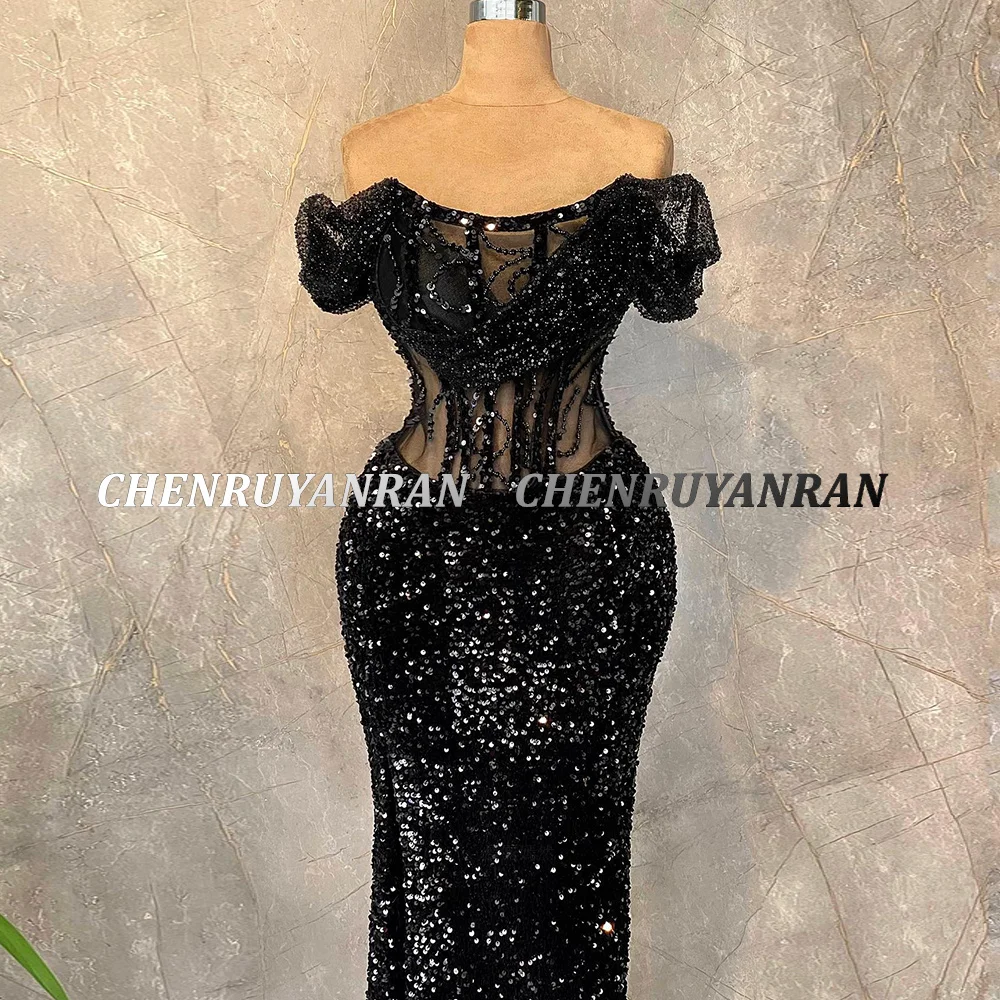 Black Formal Party Dresses Long Luxury 2022 Women Sequin Mermaid Elegant Evening Dress Illusion Sexy Long Wedding Guest Gowns