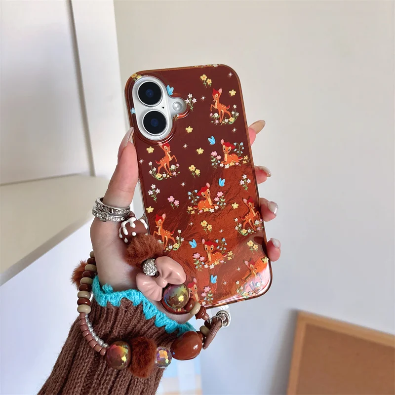 Cartoons Moose Little Flowers Phone Case For iPhone 16 Pro 14 13 15 Pro Max Cover Shockproof With cute Chain Cases For 16 Funda