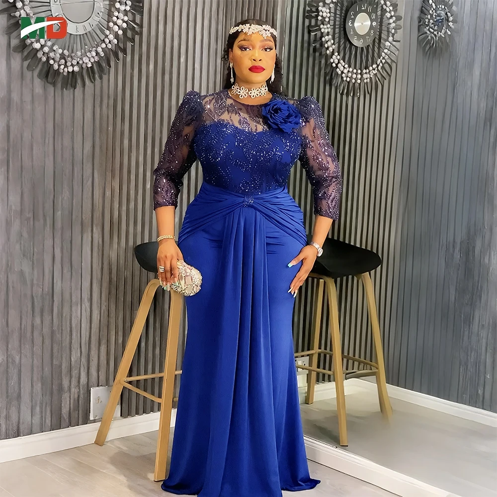 

MD African Royal Sequin Maxi Dress 3/4 Lace Sleeves with Floral Ruched Waist Design For Weddings Parties and Formal Events New