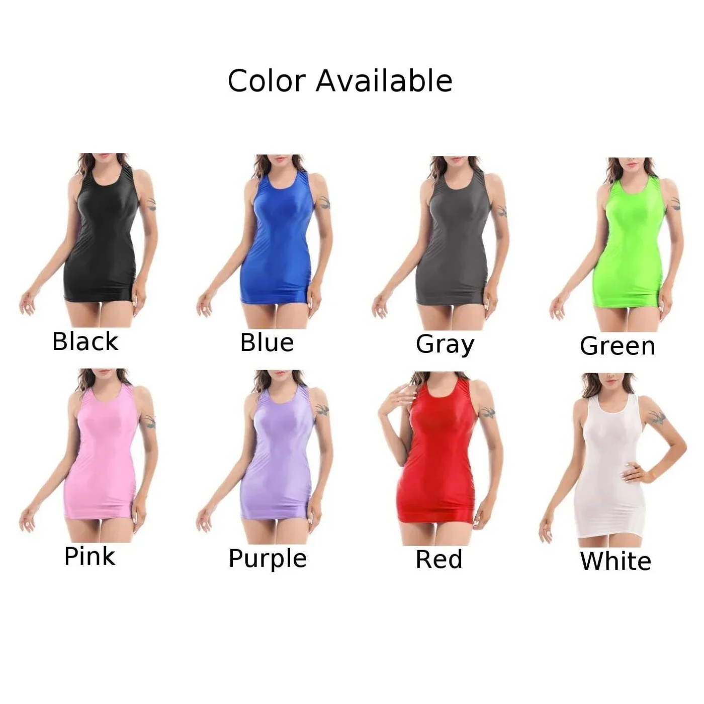 Modieuze Gladde Olie Glanzende Dames Mouwloze U Hals Tank Tops Bodycon Teddies Korte Jurk In Diverse Kleuren