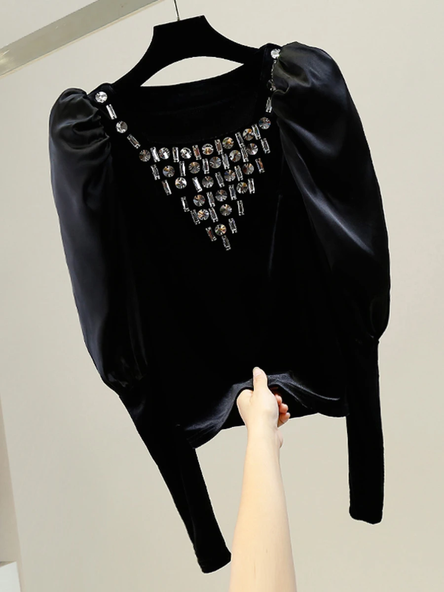 Exquisite Rhinestone Retro Patchwork Puff Sleeve Shirt Top Women 2022 Winter New Fashion Square Collar Slimming Velvet Blouse