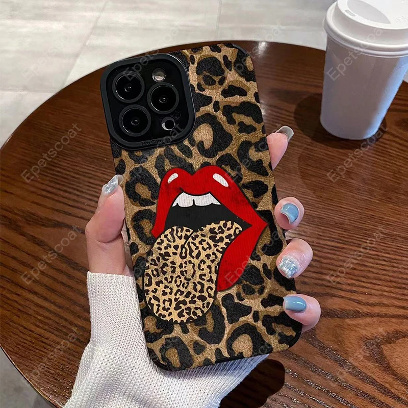 Personalized red lip and large tongue leopard print phone case for iPhone 16promax 15 14 13 12 mini 11 Pro plus wholesale 061