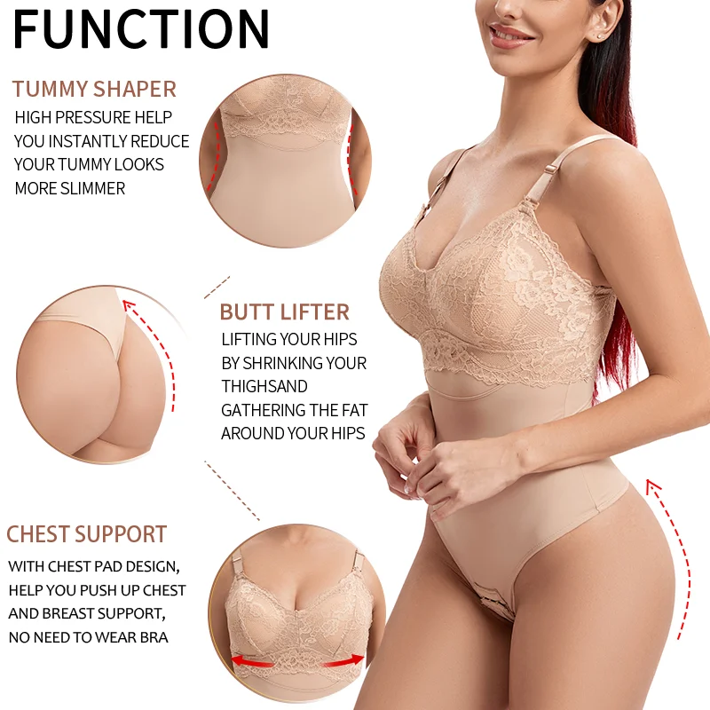 Women Sexy Bodyshaper Fajas MISS MOLY Lace V Neck Bodysuits Waist Trainer Tummy Control Shapewear Padded Seamless Thong Corsets