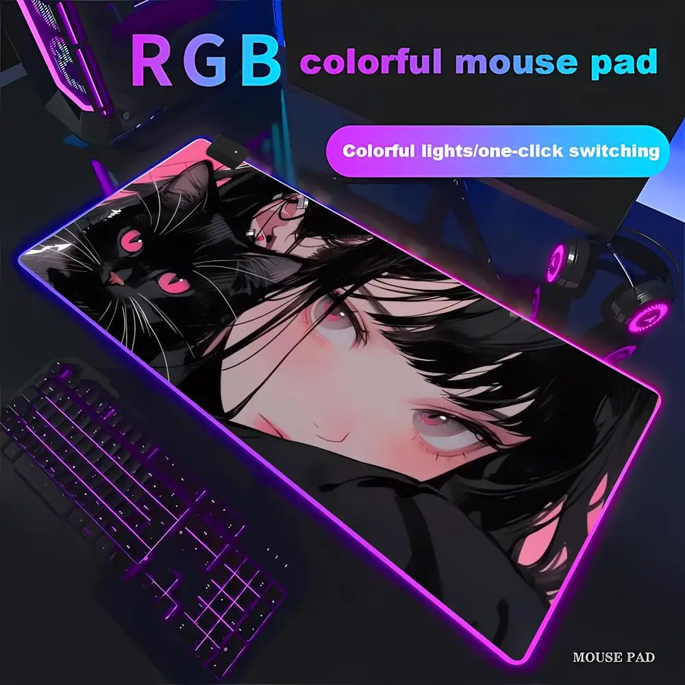 

Large Computer Office Game Table Mats Girl black cat RGB Mouse Pad Lighting Table Mousepad Durable Keyboard Mouse Mat