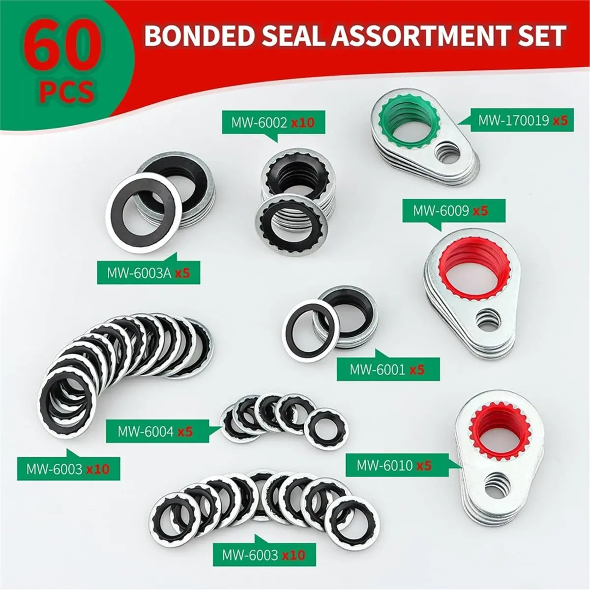 Compatible 60 PCS A/C System Compressor Gasket Seals, 9 Sizes Automotive AC Port Seal Washer Kit for Universal Repairs