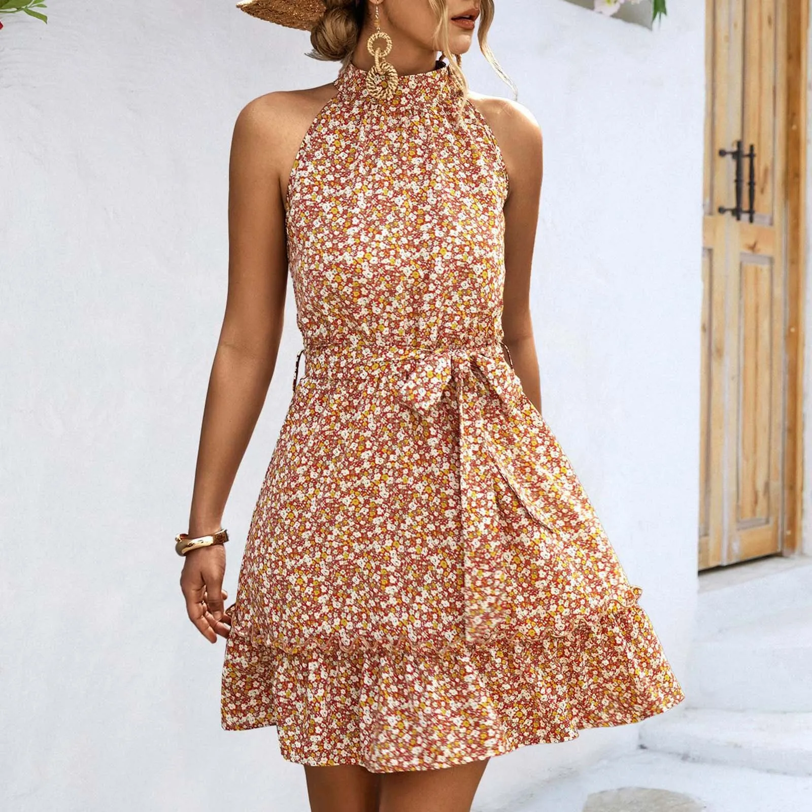 

Beach Floral Print Halter Ruffles Mini Dress 2024 New Women Elegant Sleeveless Sashes Party Dress Summer Vintage Sundresses