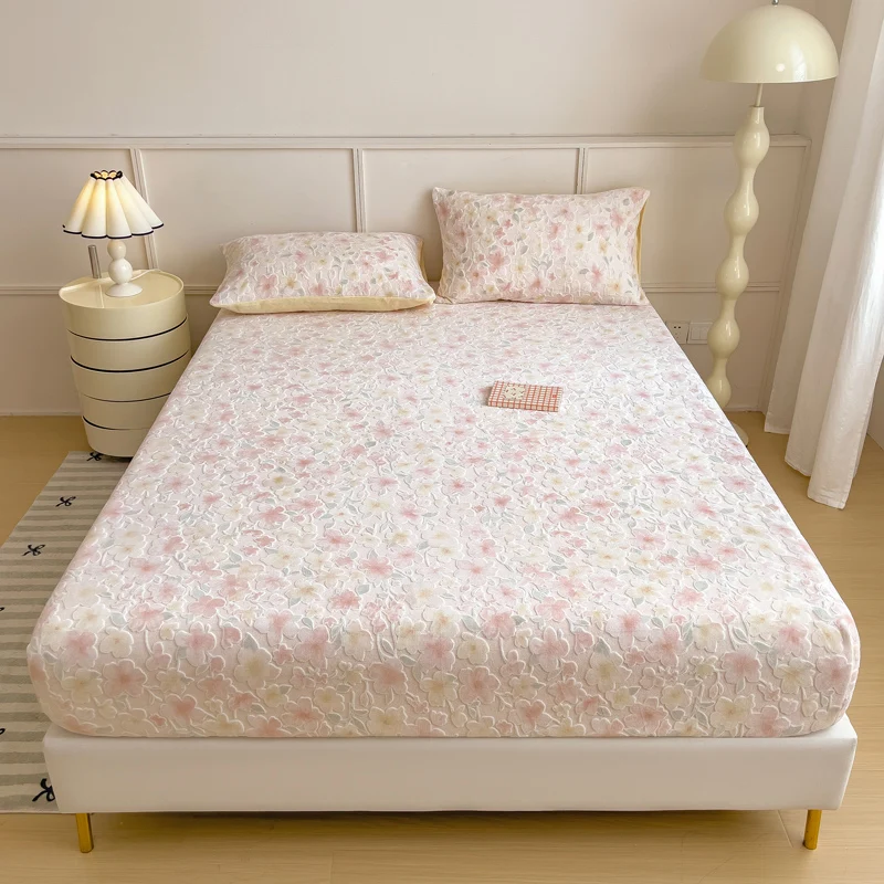 Rose Floral Embossed Plush Fitted Sheet Deep Pocket Winter Warm Mattress Cover Protector Queen King Size Thick Bed Sheet Set