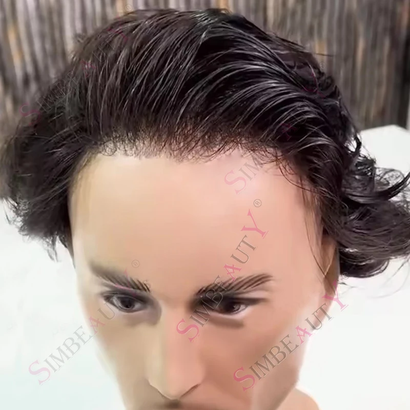 

Европейский натуральный парик из человеческих волос, ультратонкая основа 0.02 мм, легкий, плотность 80%, цвет 1B30, 240 грамм # Система маскировки седины Undetected Hairline